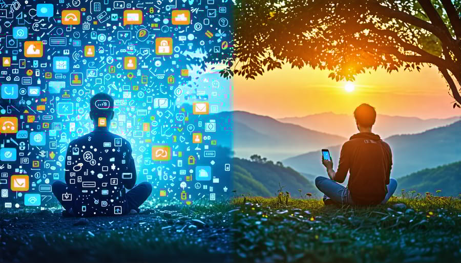 A person looking at a smartphone with a thoughtful expression, surrounded by digital elements representing mental health challenges and opportunities.